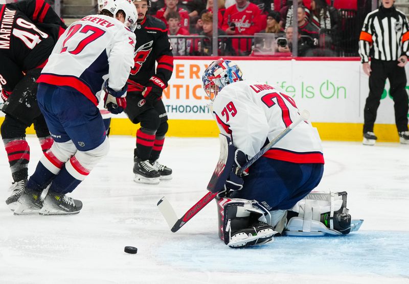 Nov 3, 2024; Raleigh, North Carolina, USA;  Washington Capitals goaltender Charlie Lindgren (79) stops the shot against the Carolina Hurricanes during the first period at Lenovo Center. Mandatory Credit: James Guillory-Imagn Images