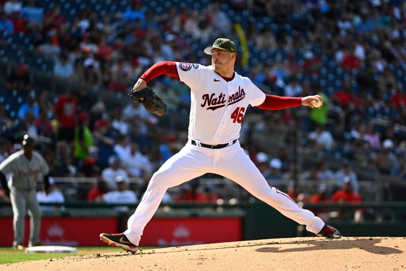 May 20, 2023; Washington, District of Columbia, USA; Washington Nationals starting pitcher Patrick Corbin (46) throws to the Detroit Tigers during the third inning at Nationals Park. Mandatory Credit: Brad Mills-USA TODAY Sports