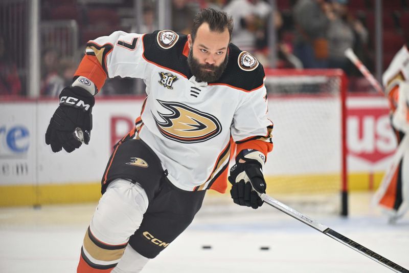 Dec 7, 2023; Chicago, Illinois, USA; Anaheim Ducks defenseman Radko Gudas (7) warms up before a game against the Chicago Blackhawks at United Center. Mandatory Credit: Jamie Sabau-USA TODAY Sports