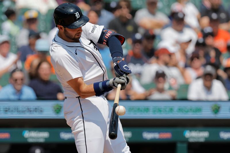 Aug 4, 2024; Detroit, Michigan, USA;  Detroit Tigers third baseman Matt Vierling (8) hits a sacrifice fly to score a run in the fifth inning against the Kansas City Royals at Comerica Park. Mandatory Credit: Rick Osentoski-USA TODAY Sports