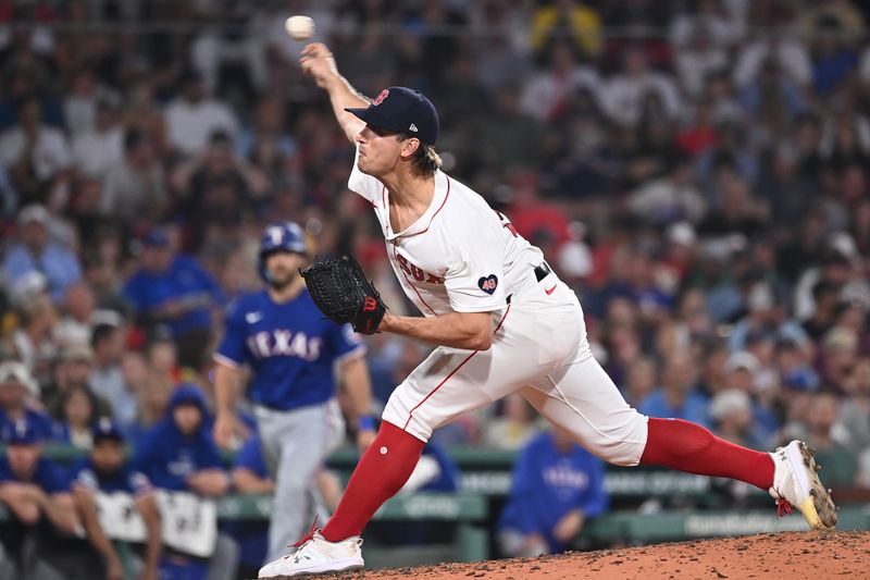 Aug 13, 2024; Boston, Massachusetts, USA; Boston Red Sox pitcher Lucas Sims (39) pitches against the Texas Rangers during the sixth inning at Fenway Park. Mandatory Credit: Eric Canha-USA TODAY Sports