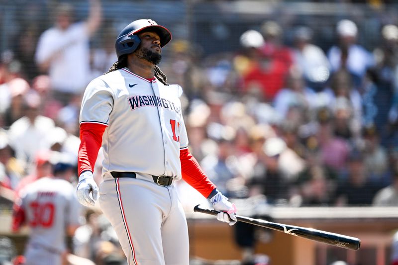 Jun 25, 2025; San Diego, California, USA; Washington Nationals pinch hitter Josh Bell (19) reacts after striking out during the eighth inning against the San Diego Padres at Petco Park. Mandatory Credit: Denis Poroy-Imagn Images