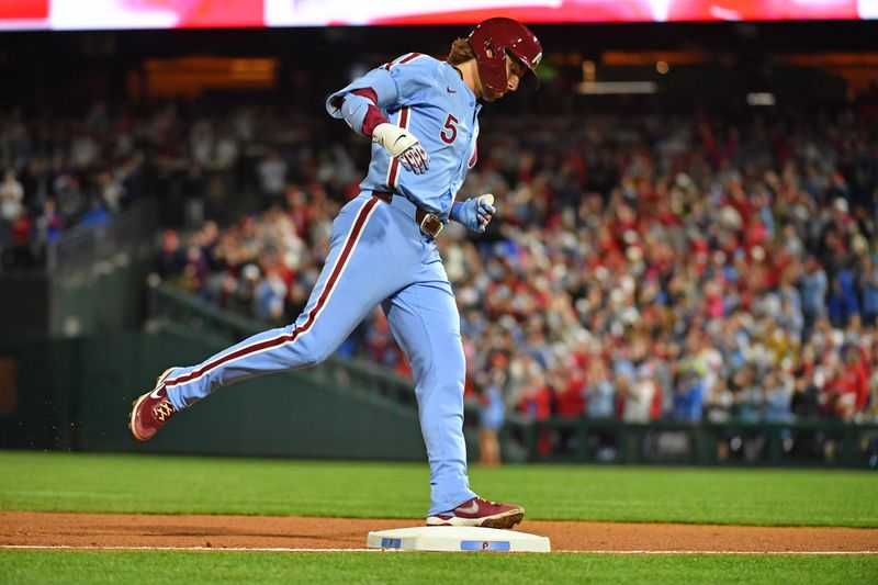Apr 11, 2024; Philadelphia, Pennsylvania, USA; Philadelphia Phillies second base Bryson Stott (5) runs the bases after hitting a two run home run against the Pittsburgh Pirates during the seventh inning at Citizens Bank Park. Mandatory Credit: Eric Hartline-USA TODAY Sports