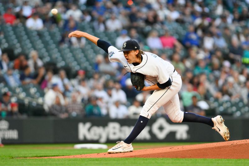 Sep 11, 2023; Seattle, Washington, USA; Seattle Mariners starting pitcher Logan Gilbert (36) pitches to the Los Angeles Angels during the first inning at T-Mobile Park. Mandatory Credit: Steven Bisig-USA TODAY Sports