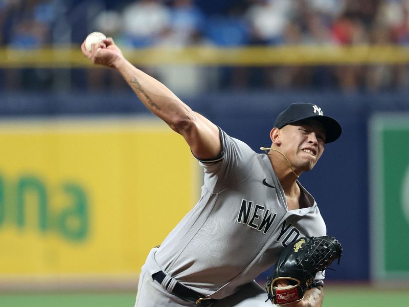 Aug 25, 2023; St. Petersburg, Florida, USA; New York Yankees relief pitcher Jonathan Loaisiga (43) throws a pitch against the Tampa Bay Rays during the ninth inning at Tropicana Field. Mandatory Credit: Kim Klement Neitzel-USA TODAY Sports
