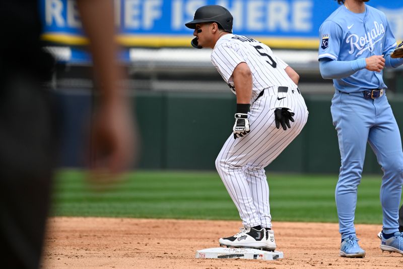 Jun 7, 2025; Chicago, Illinois, USA;  Chicago White Sox second baseman Josh Rojas (5) after he doubles during the second inning against the Kansas City Royals at Rate Field. Mandatory Credit: Matt Marton-Imagn Images