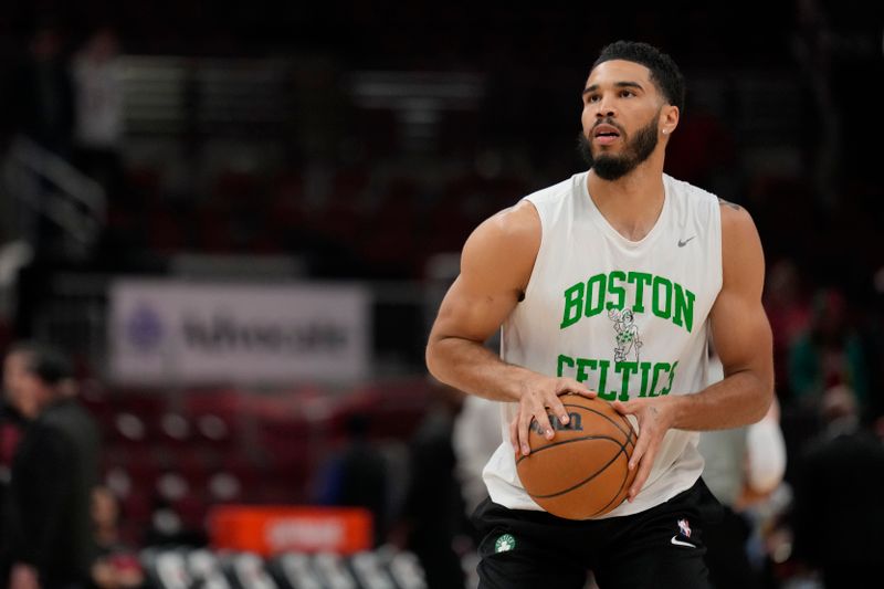 CHICAGO, ILLINOIS - FEBRUARY 22: Jayson Tatum #0 of the Boston Celtics warms up before a game against the Chicago Bulls at the United Center on February 22, 2024 in Chicago, Illinois. NOTE TO USER: User expressly acknowledges and agrees that, by downloading and or using this photograph, User is consenting to the terms and conditions of the Getty Images License Agreement. (Photo by Patrick McDermott/Getty Images)