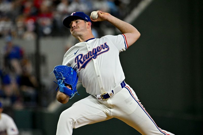 Apr 5, 2024; Arlington, Texas, USA; Texas Rangers starting pitcher Cody Bradford (61) pitches against the Houston Astros during the sixth inning at Globe Life Field. Mandatory Credit: Jerome Miron-USA TODAY Sports