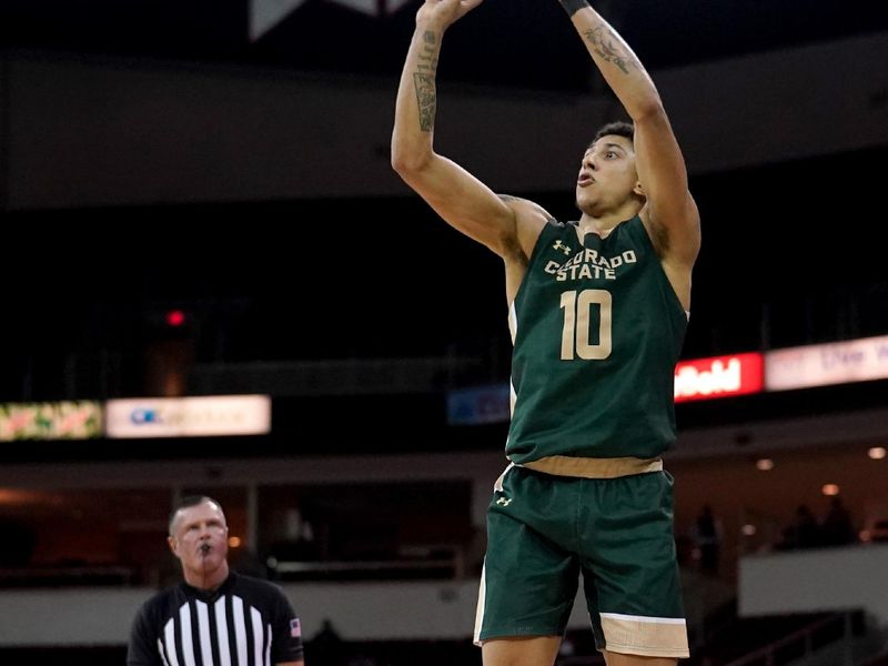 Feb 3, 2024; Fresno, California, USA; Colorado State Rams guard Nique Clifford (10) shoots the ball against the Fresno State Bulldogs in the second half at the Save Mart Center. Mandatory Credit: Cary Edmondson-USA TODAY Sports