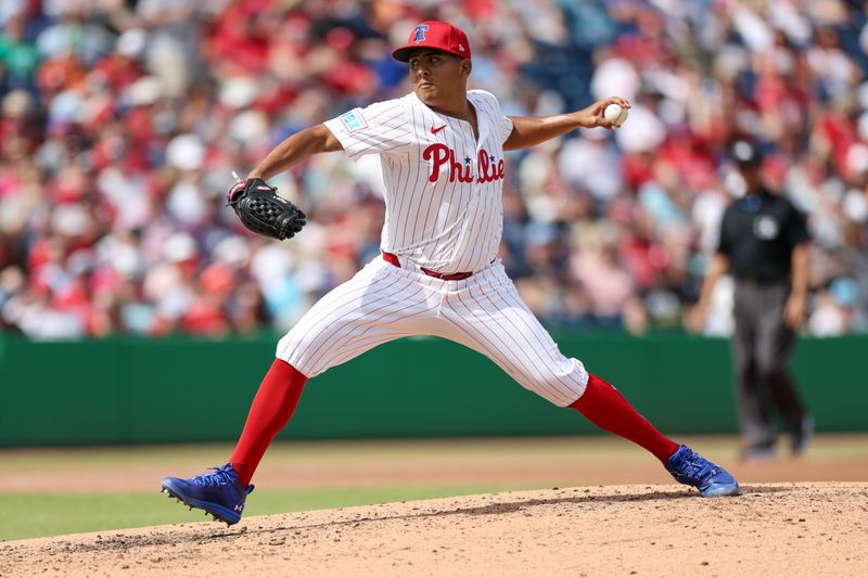 Mar 4, 2025; Clearwater, Florida, USA; Philadelphia Phillies pitcher Ranger Suarez (55) throws a pitch against the New York Yankees in the fourth inning during spring training at BayCare Ballpark. Mandatory Credit: Nathan Ray Seebeck-Imagn Images