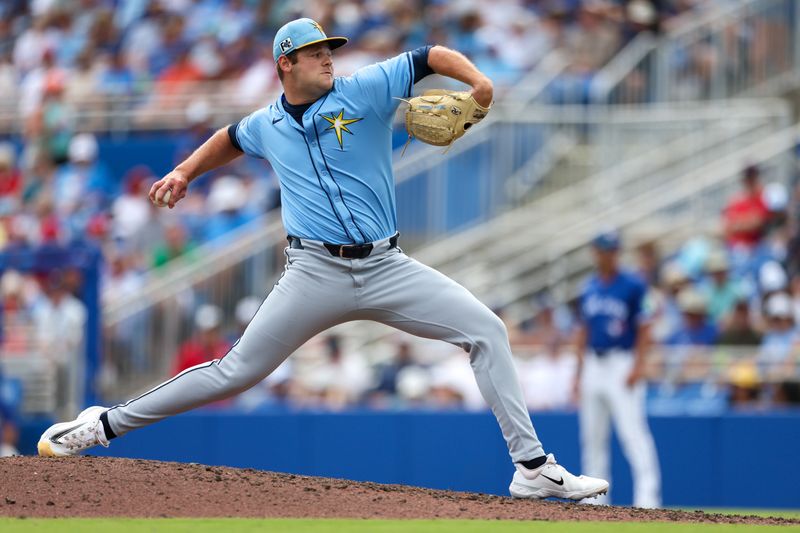 Mar 20, 2025; Dunedin, Florida, USA; Tampa Bay Rays pitcher Nathan Wiles (89) throws a pitch against the Toronto Blue Jays in the sixth inning during spring training at TD Ballpark. Mandatory Credit: Nathan Ray Seebeck-Imagn Images