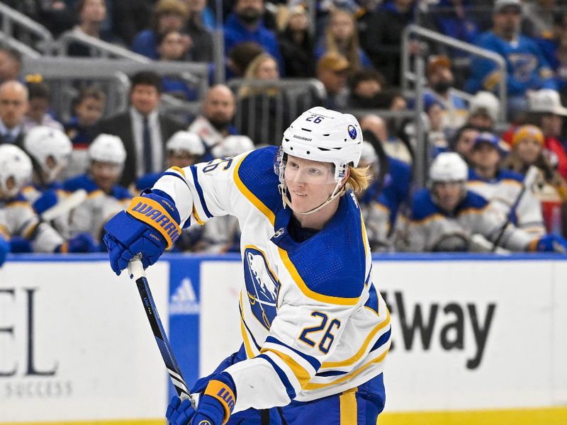 Nov 30, 2023; St. Louis, Missouri, USA;  Buffalo Sabres defenseman Rasmus Dahlin (26) shoots against the St. Louis Blues during the first period at Enterprise Center. Mandatory Credit: Jeff Curry-USA TODAY Sports