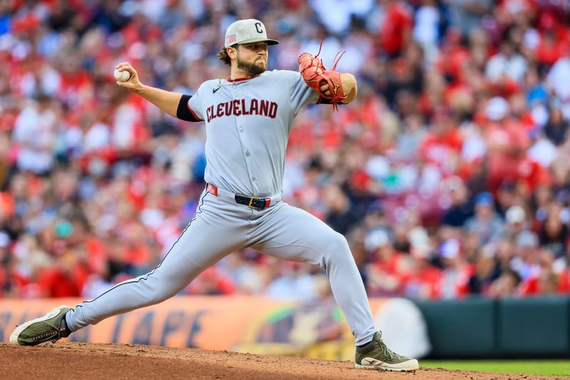 May 17, 2025; Cincinnati, Ohio, USA; Cleveland Guardians starting pitcher Slade Cecconi (44) pitches against the Cincinnati Reds in the first inning at Great American Ball Park. Mandatory Credit: Katie Stratman-Imagn Images