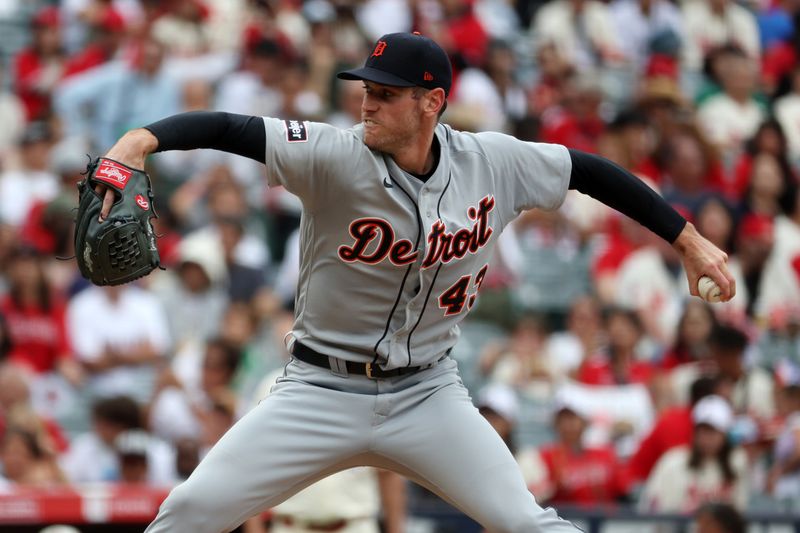 Sep 17, 2023; Anaheim, California, USA; Detroit Tigers starting pitcher Joey Wentz (43) pitches during the sixth inning against the Los Angeles Angels at Angel Stadium. Mandatory Credit: Kiyoshi Mio-USA TODAY Sports