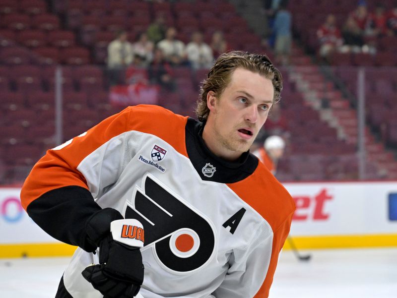 Sep 23, 2025; Montreal, Quebec, CAN; Philadelphia Flyers defenseman Travis Sanheim (6) skates during the warmup period before a preseason game against the Montreal Canadiens at the Bell Centre. Mandatory Credit: Eric Bolte-Imagn Images
