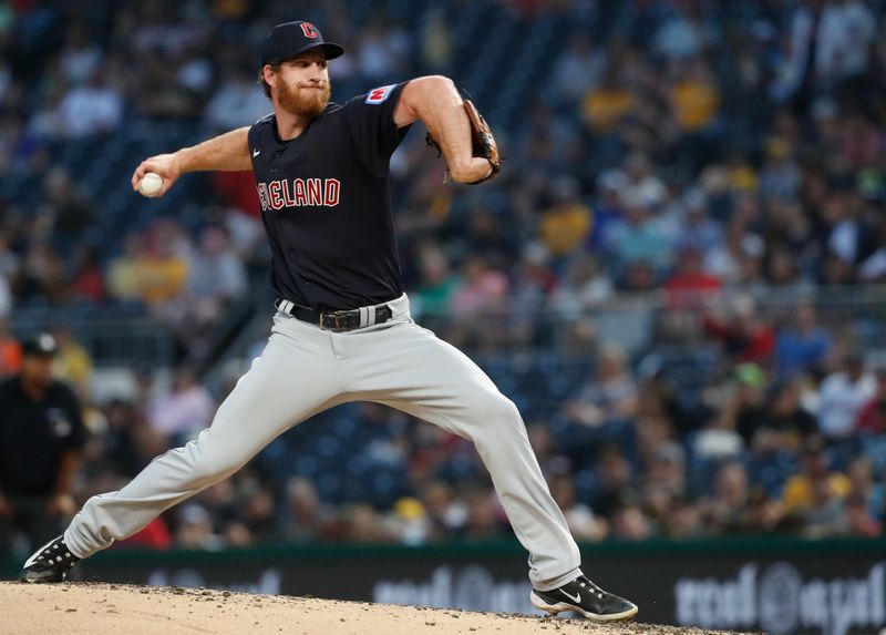 Jul 17, 2023; Pittsburgh, Pennsylvania, USA;  Cleveland Guardians relief pitcher Michael Kelly (58) pitches against the Pittsburgh Pirates during the fourth inning at PNC Park. Mandatory Credit: Charles LeClaire-USA TODAY Sports