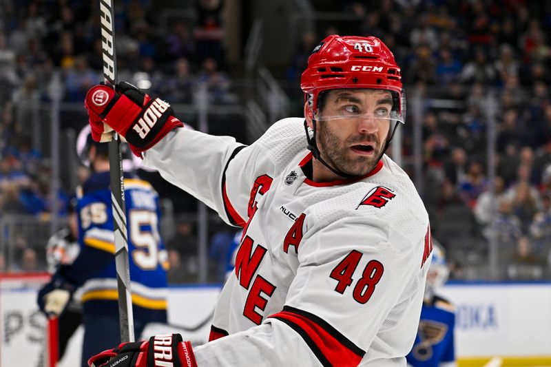 Apr 12, 2024; St. Louis, Missouri, USA;  Carolina Hurricanes left wing Jordan Martinook (48) reacts after scoring against the St. Louis Blues during the first period at Enterprise Center. Mandatory Credit: Jeff Curry-USA TODAY Sports