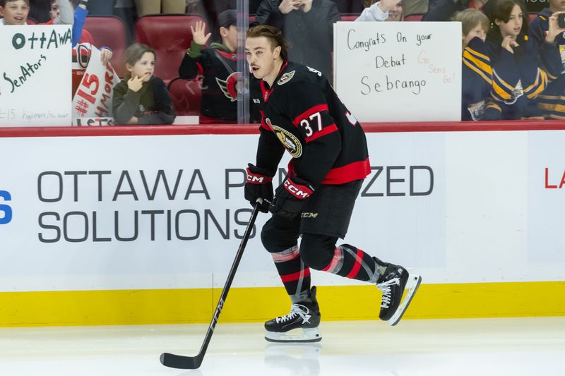 Jan 16, 2025; Ottawa, Ontario, CAN; Ottawa Senators defenseman Donovan Sebrango (37) goes for a hot lap during warmup prior to game against the Washington Capitals at the Canadian Tire Centre. Mandatory Credit: Marc DesRosiers-Imagn Images