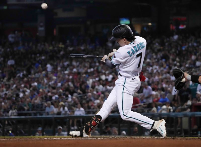 Jul 30, 2023; Phoenix, Arizona, USA; Arizona Diamondbacks left fielder Corbin Carroll (7) bats against the Seattle Mariners during the first inning at Chase Field. Mandatory Credit: Joe Camporeale-USA TODAY Sports