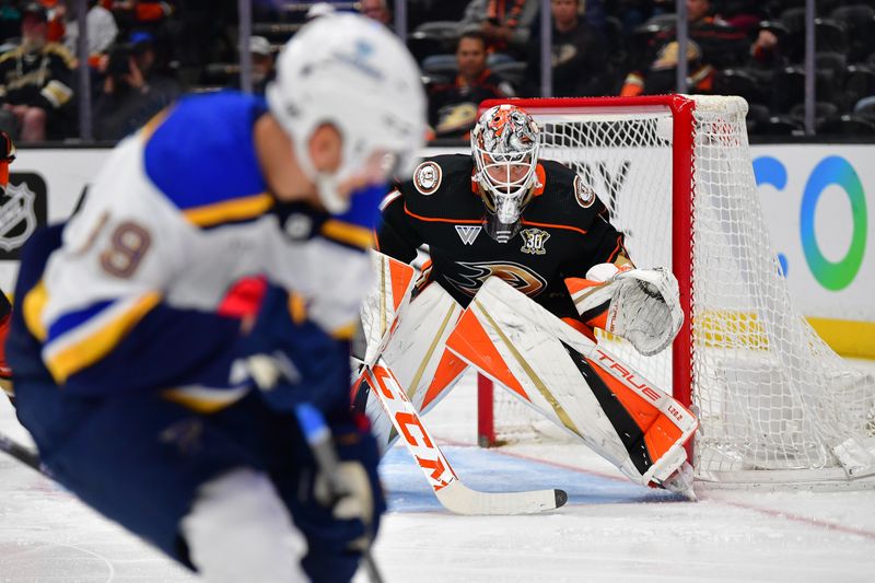 Apr 7, 2024; Anaheim, California, USA; Anaheim Ducks goaltender Lukas Dostal (1) defends the goal against the St. Louis Blues during the first period at Honda Center. Mandatory Credit: Gary A. Vasquez-USA TODAY Sports