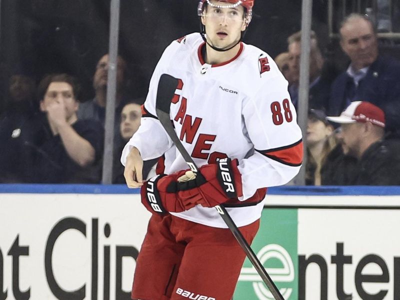 May 5, 2024; New York, New York, USA; Carolina Hurricanes center Martin Necas (88) skates back to center ice after scoring a goal in the third period against the New York Rangers in game one of the second round of the 2024 Stanley Cup Playoffs at Madison Square Garden. Mandatory Credit: Wendell Cruz-USA TODAY Sports