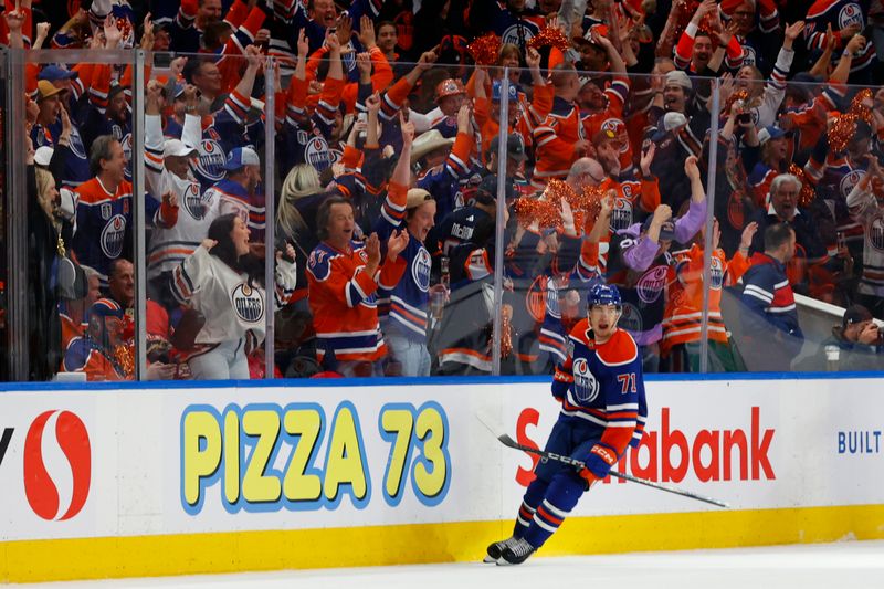 Jun 15, 2024; Edmonton, Alberta, CAN; Edmonton Oilers center Ryan McLeod (71) celebrates a goal in the third period against the Florida Panthers in game four of the 2024 Stanley Cup Final at Rogers Place. Mandatory Credit: Perry Nelson-USA TODAY Sports