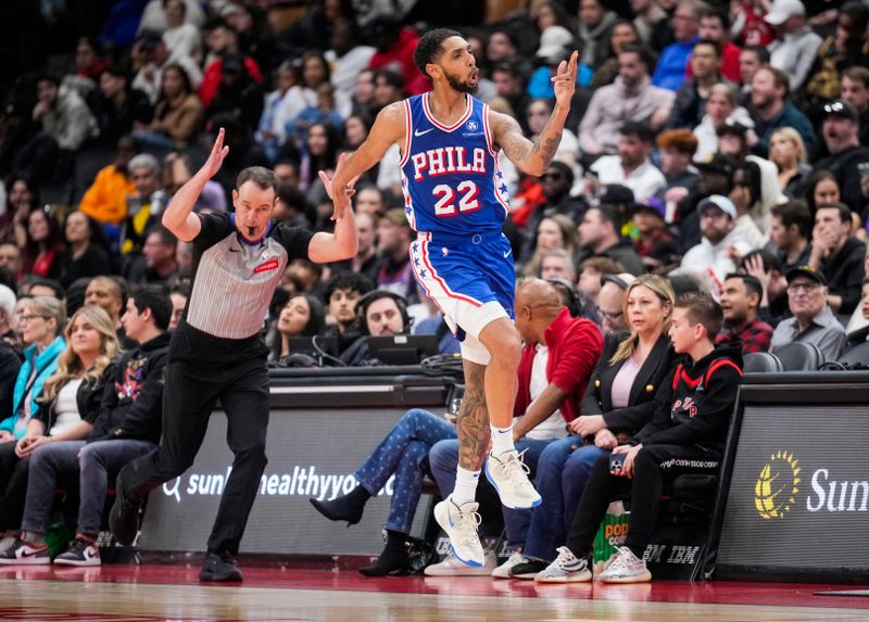 TORONTO, ON - MARCH 31: Cameron Payne #22 of the Philadelphia 76ers celebrates his three pointer against the Toronto Raptors during the second half of their basketball game at the Scotiabank Arena on March 31, 2024 in Toronto, Ontario, Canada. NOTE TO USER: User expressly acknowledges and agrees that, by downloading and/or using this Photograph, user is consenting to the terms and conditions of the Getty Images License Agreement. (Photo by Mark Blinch/Getty Images)