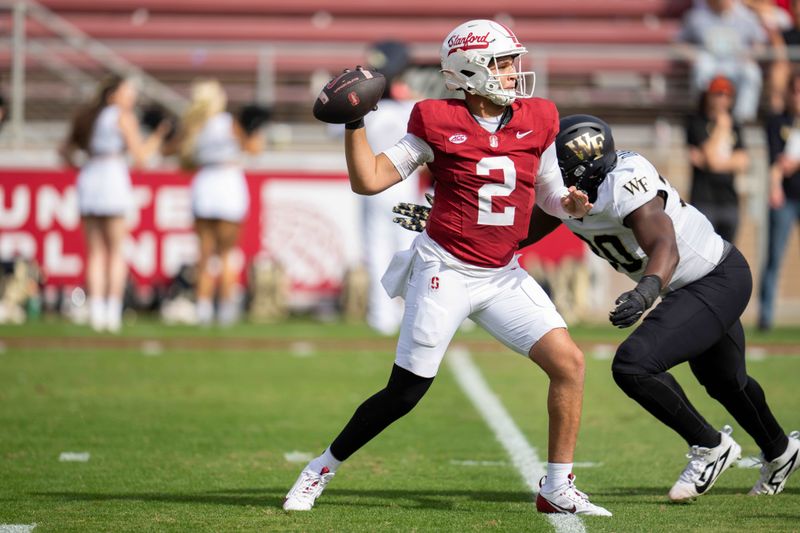 Oct 26, 2024; Stanford, California, USA;  Stanford Cardinal quarterback Elijah Brown (2) passes the football against the Wake Forest Demon Deacons during the first quarter at Stanford Stadium. Mandatory Credit: Neville E. Guard-Imagn Images