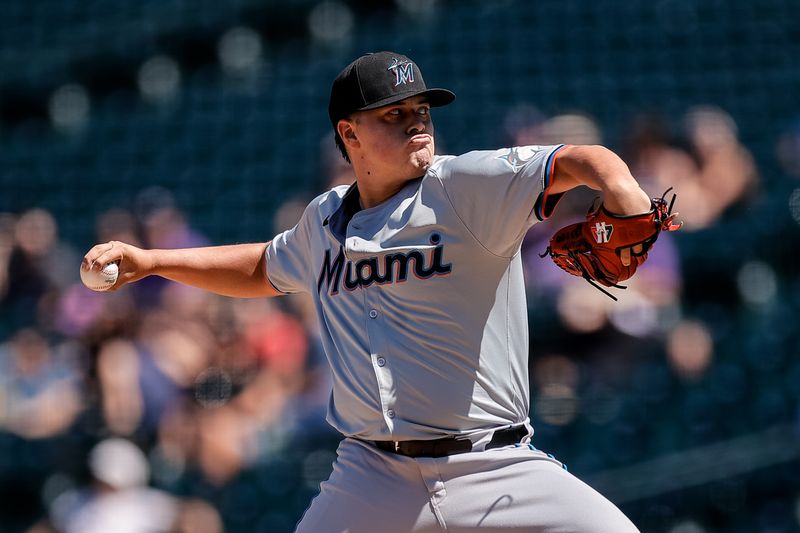 Aug 29, 2024; Denver, Colorado, USA; Miami Marlins starting pitcher Valente Bellozo (83) pitches in the first inning against the Colorado Rockies at Coors Field. Mandatory Credit: Isaiah J. Downing-USA TODAY Sports