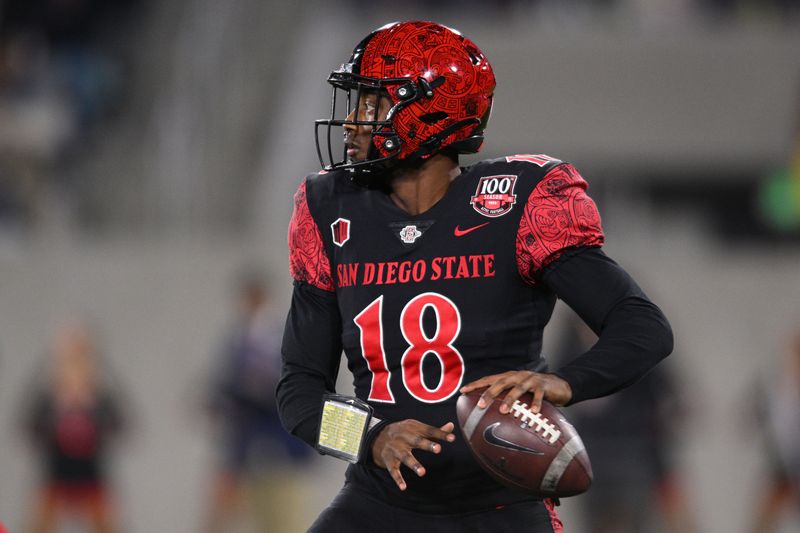 Nov 26, 2022; San Diego, California, USA; San Diego State Aztecs quarterback Jalen Mayden (18) throws a pass against the Air Force Falcons during the first half at Snapdragon Stadium. Mandatory Credit: Orlando Ramirez-USA TODAY Sports