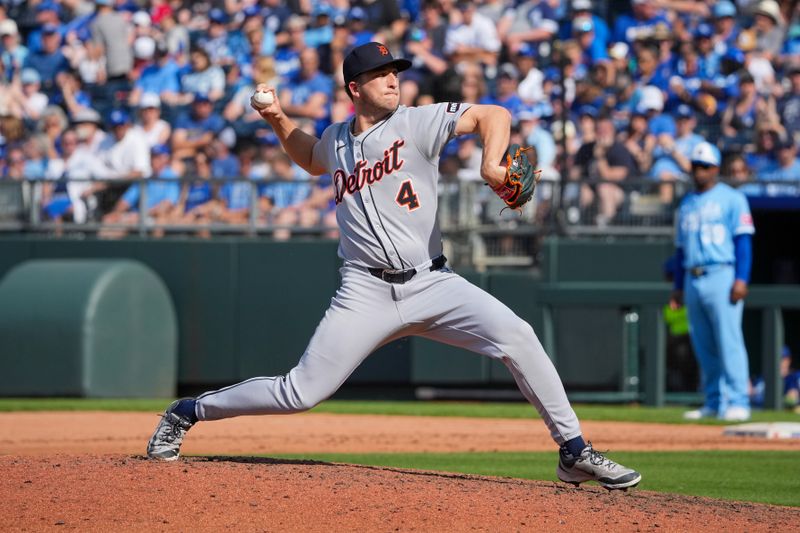 May 31, 2025; Kansas City, Missouri, USA; Detroit Tigers relief pitcher Beau Brieske (4) delivers a pitch against the Kansas City Royals in the eighth inning at Kauffman Stadium. Mandatory Credit: Denny Medley-Imagn Images
