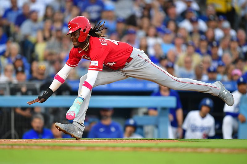 Jul 29, 2023; Los Angeles, California, USA;Cincinnati Reds shortstop Elly De La Cruz (44) runs home to score against the Los Angeles Dodgers during the sixth inning  at Dodger Stadium. Mandatory Credit: Gary A. Vasquez-USA TODAY Sports