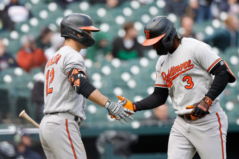 Apr 30, 2023; Detroit, Michigan, USA;  Baltimore Orioles shortstop Jorge Mateo (3) receives congratulations from second baseman Adam Frazier (12) after he hits a home run in the ninth inning against the Detroit Tigers at Comerica Park. Mandatory Credit: Rick Osentoski-USA TODAY Sports