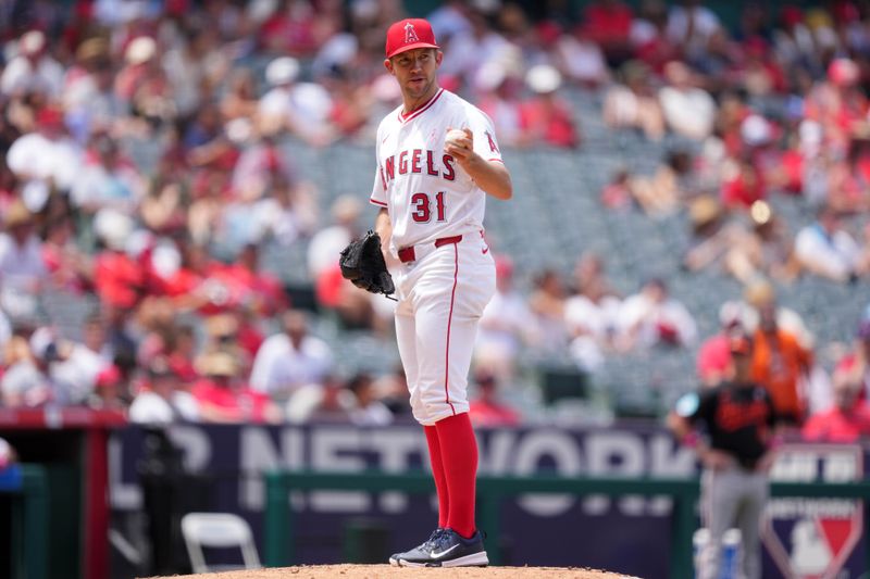 May 11, 2025; Anaheim, California, USA; Los Angeles Angels starting pitcher Tyler Anderson (31) gestures in the fourth inning against the Baltimore Orioles at Angel Stadium. Mandatory Credit: Kirby Lee-Imagn Images