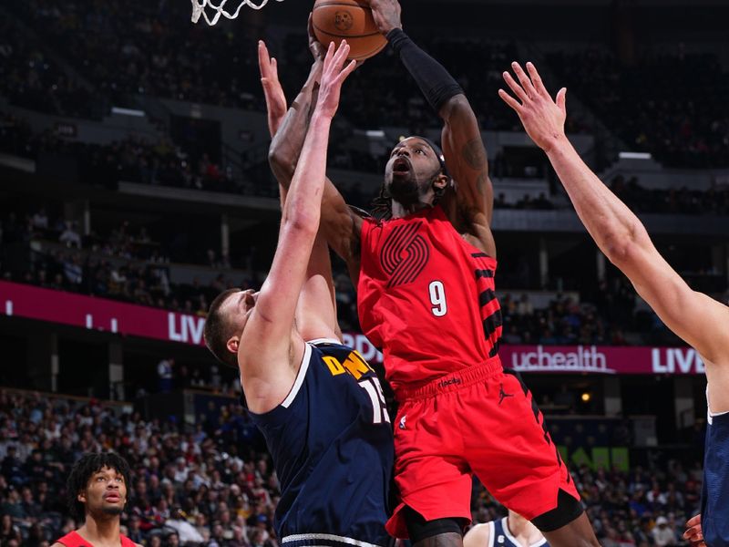 DENVER, CO - JANUARY 17: Jerami Grant #9 of the Portland Trail Blazers drives to the basket during the game against the Denver Nuggets on January 17, 2023 at the Ball Arena in Denver, Colorado. NOTE TO USER: User expressly acknowledges and agrees that, by downloading and/or using this Photograph, user is consenting to the terms and conditions of the Getty Images License Agreement. Mandatory Copyright Notice: Copyright 2023 NBAE (Photo by Garrett Ellwood/NBAE via Getty Images)