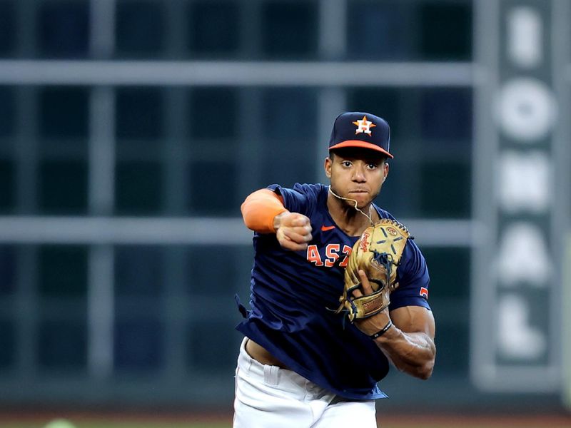 Sep 13, 2023; Houston, Texas, USA; Houston Astros shortstop Jeremy Pena (3) works out prior to the game against the Oakland Athletics at Minute Maid Park. Mandatory Credit: Erik Williams-USA TODAY Sports