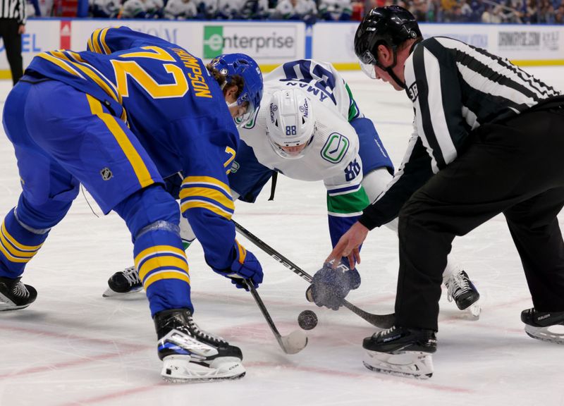 Jan 13, 2024; Buffalo, New York, USA;  NHL linesman Dan Kelly (98) drops the puck for a face-off between Buffalo Sabres right wing Tage Thompson (72) and Vancouver Canucks center Nils Aman (88) in the third period at KeyBank Center. Mandatory Credit: Timothy T. Ludwig-USA TODAY Sports