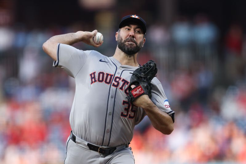 Aug 27, 2024; Philadelphia, Pennsylvania, USA; Houston Astros pitcher Justin Verlander (35) throws a pitch during the first inning against the Philadelphia Phillies at Citizens Bank Park. Mandatory Credit: Bill Streicher-USA TODAY Sports