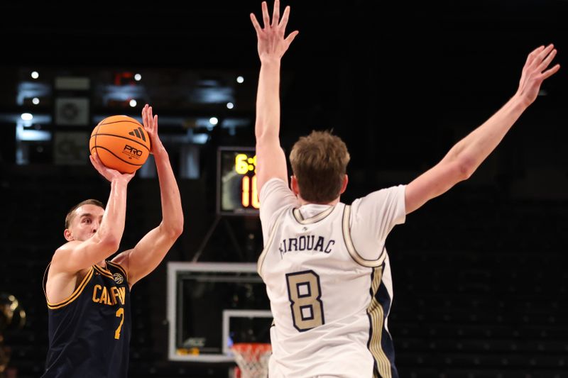 Mar 4, 2026; Atlanta, Georgia, USA; California Golden Bears forward John Camden (2) shoots the ball against Georgia Tech Yellow Jackets center Cole Kirouac (8) during the first half at McCamish Pavilion. Mandatory Credit: Jordan Godfree-Imagn Images