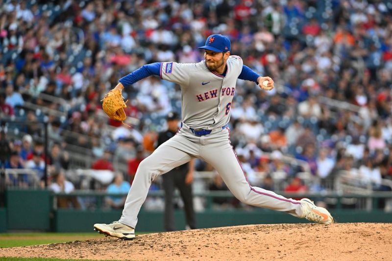 Apr 26, 2025; Washington, District of Columbia, USA; New York Mets pitcher Danny Young (81) throws to the Washington Nationals during the sixth inning at Nationals Park. Mandatory Credit: Brad Mills-Imagn Images