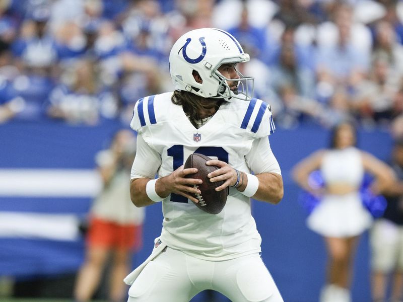 Indianapolis Colts quarterback Gardner Minshew (10) in action during an NFL preseason football game between the Chicago Bears and the Indianapolis Colts in Indianapolis, Saturday, Aug. 19, 2023. (AP Photo/Michael Conroy)