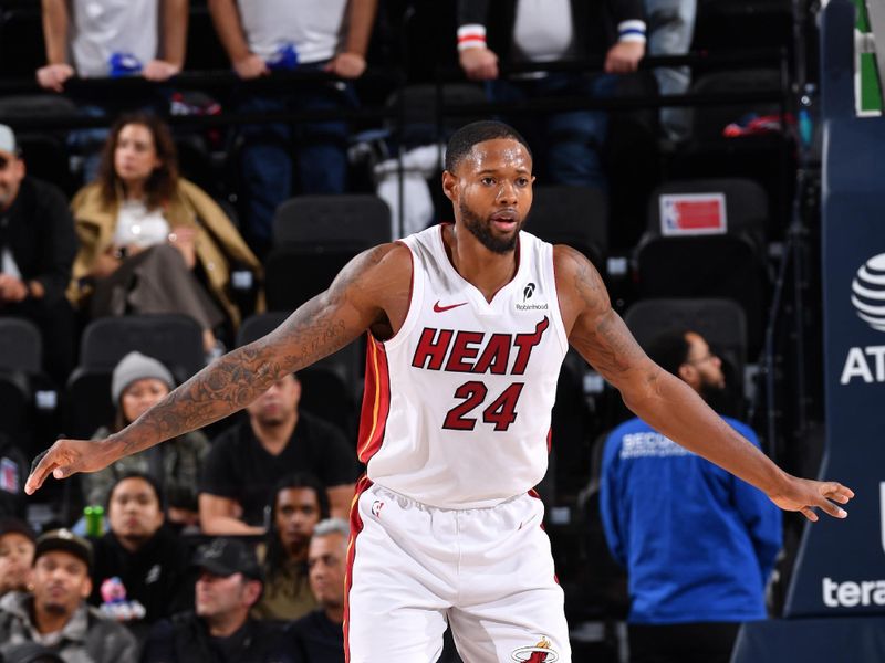 INGLEWOOD, CA - JANUARY 13:  Haywood Highsmith #24 of the Miami Heat looks on during the game against the LA Clippers on January 13, 2025 at Intuit Dome in Los Angeles, California. NOTE TO USER: User expressly acknowledges and agrees that, by downloading and/or using this Photograph, user is consenting to the terms and conditions of the Getty Images License Agreement. Mandatory Copyright Notice: Copyright 2025 NBAE (Photo by Juan Ocampo/NBAE via Getty Images)