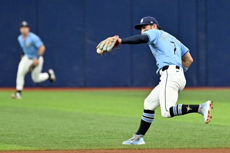 Sep 22, 2024; St. Petersburg, Florida, USA; Tampa Bay Rays second baseman Jose Caballero (7) attempts to field a ground ball in the sixth inning against the Toronto Blue Jays at Tropicana Field. Mandatory Credit: Jonathan Dyer-Imagn Images