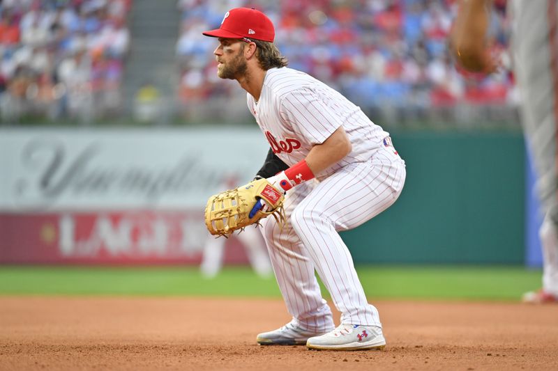 Jul 26, 2023; Philadelphia, Pennsylvania, USA; Philadelphia Phillies first baseman Bryce Harper (3) plays defense at first base against the Baltimore Orioles at Citizens Bank Park. Mandatory Credit: Eric Hartline-USA TODAY Sports