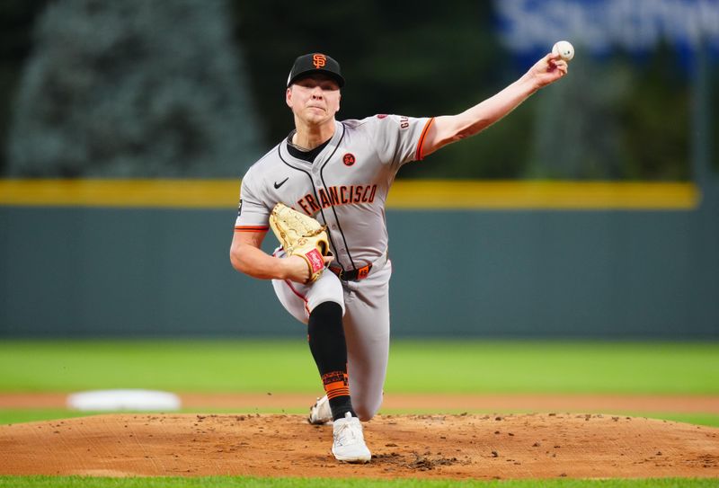 Jul 19, 2024; Denver, Colorado, USA; San Francisco Giants pitcher Kyle Harrison (45) delivers the ball in first inning against the Colorado Rockies at Coors Field. Mandatory Credit: Ron Chenoy-USA TODAY Sports