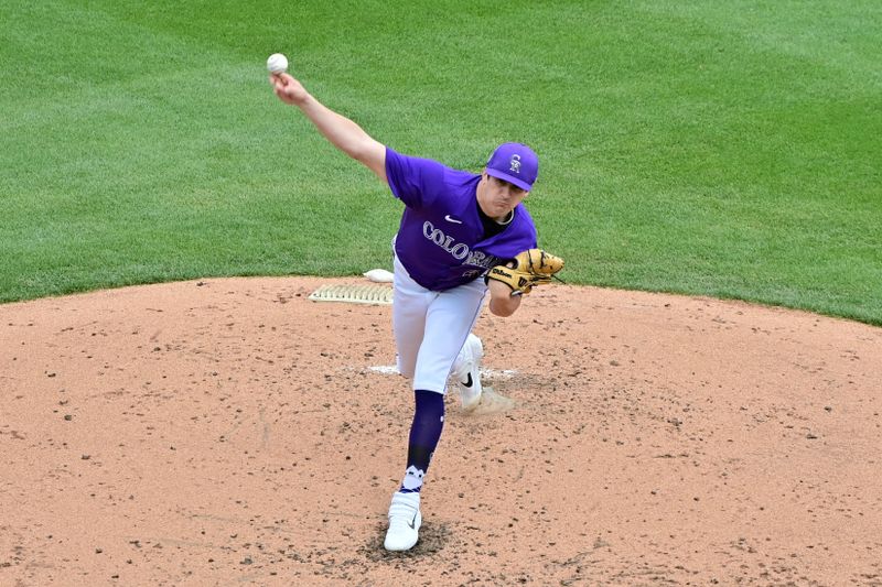 Mar 12, 2024; Salt River Pima-Maricopa, Arizona, USA;  Colorado Rockies starting pitcher Cal Quantrill (47) throws in the third inning against the Kansas City Royals during a spring training game at Salt River Fields at Talking Stick. Mandatory Credit: Matt Kartozian-USA TODAY Sports