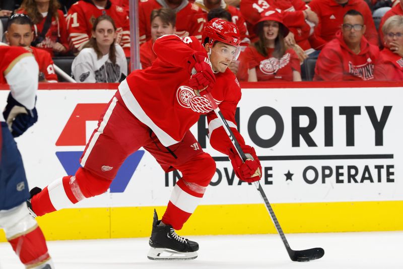 Oct 15, 2025; Detroit, Michigan, USA;  Detroit Red Wings right wing Patrick Kane (88) skates with the puck in the second period against the Florida Panthers at Little Caesars Arena. Mandatory Credit: Rick Osentoski-Imagn Images