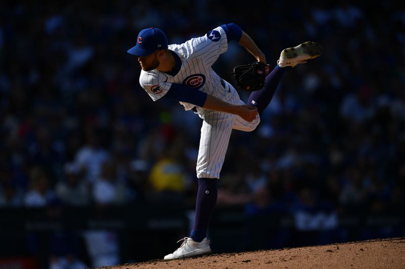 Sep 29, 2024; Chicago, Illinois, USA; Chicago Cubs starting pitcher Caleb Kilian (45) pitches during the fifth inning against the Cincinnati Reds at Wrigley Field. Mandatory Credit: Patrick Gorski-Imagn Images