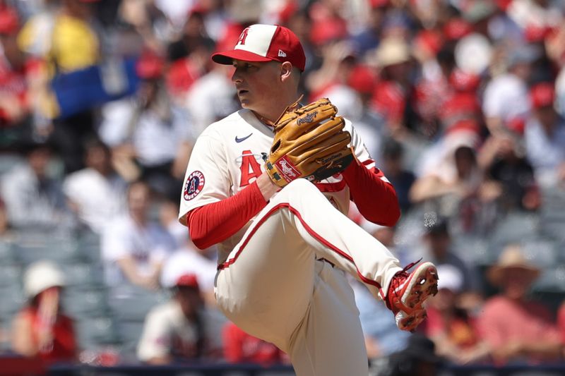 Sep 10, 2023; Anaheim, California, USA; Los Angeles Angels relief pitcher Kenny Rosenberg (78) throws to a Cleveland Guardians batter during the first inning of a baseball game at Angel Stadium. Mandatory Credit: Jessica Alcheh-USA TODAY Sports