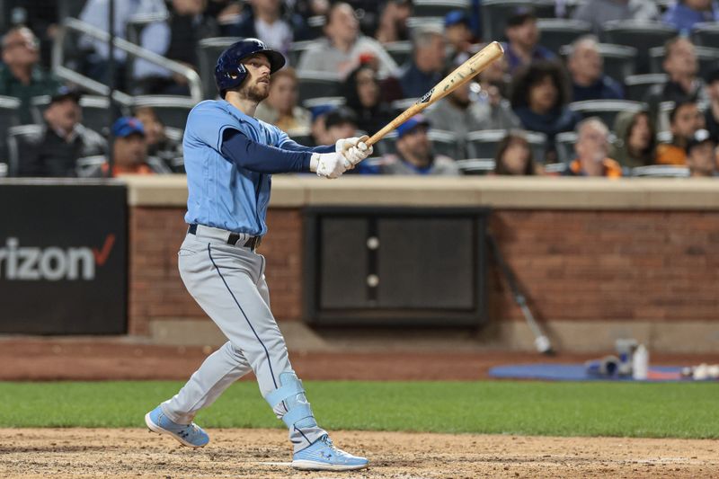 May 17, 2023; New York City, New York, USA; Tampa Bay Rays second baseman Brandon Lowe (8) reacts to hitting a  two run home run during the eighth inning against the New York Mets at Citi Field. Mandatory Credit: Vincent Carchietta-USA TODAY Sports